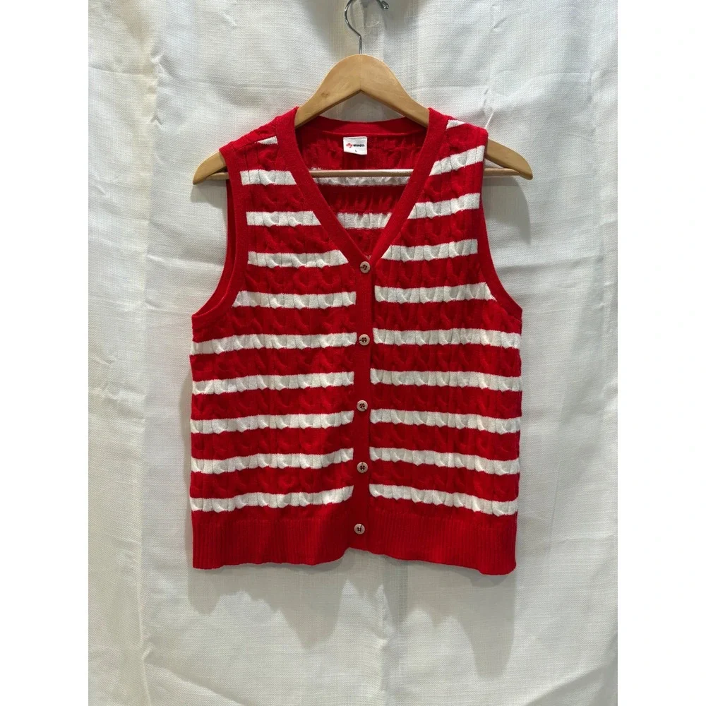 WIHOLL Red White Striped Cable Knit Button Front Sweater Vest V-Neck Large - Picture 1 of 7